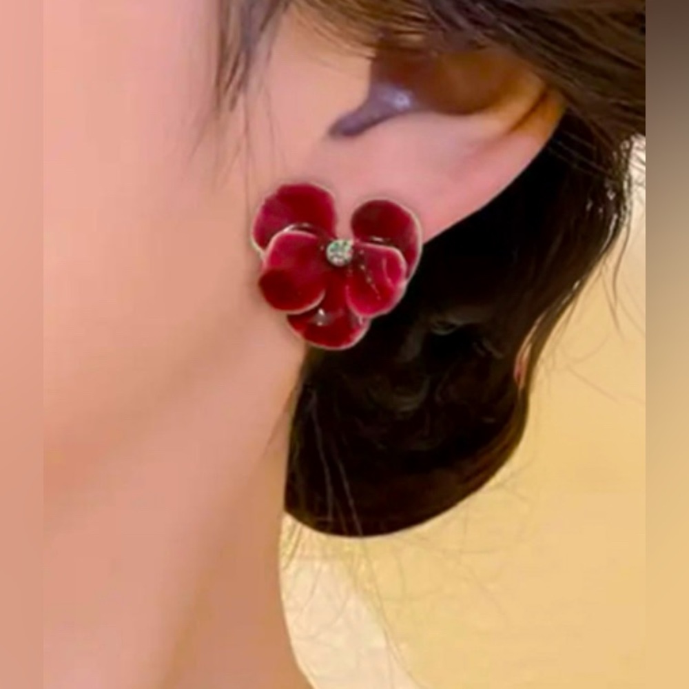 Red Floral Petal Earrings with Glossy Finish